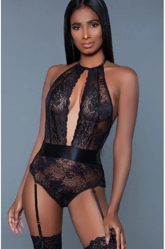 Satin Trimmed Floral Lace Bodysuit