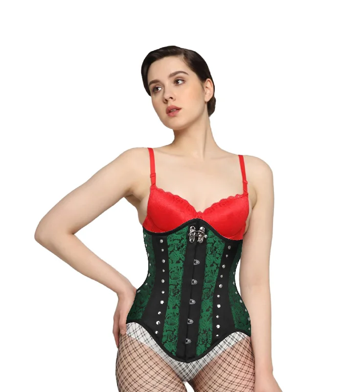 Green Brocade Black Satin Waist Reducing  Underbust Corset