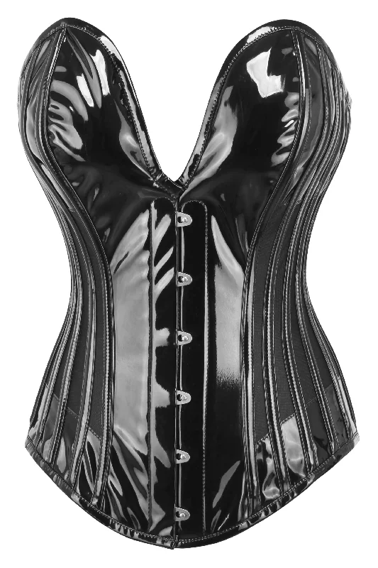 Black PVC Overbust Corset with Plunge Neckline and Side Mesh Panels