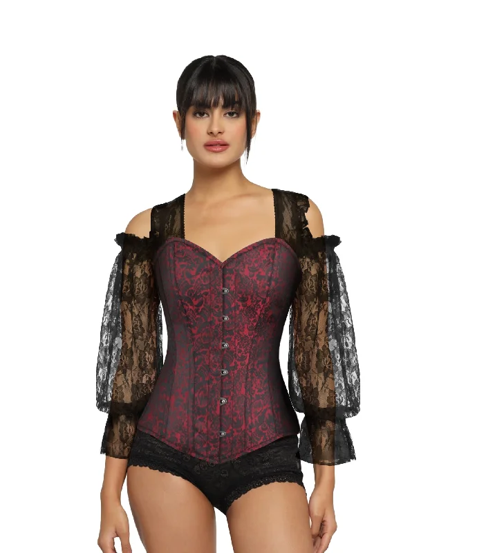 Black Red Brocade Overbust  Long Sleeves Corset