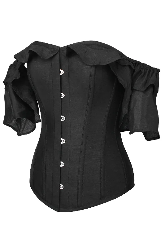 Black Satin Corset Top With Waterfall Sleeves