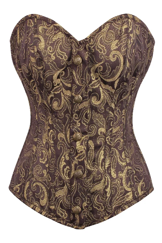 Brown and Gold Brocade Overbust Corset with Front Zip