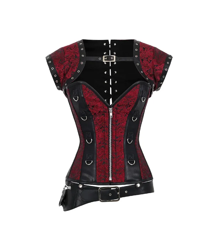 Red Brocade & Black Faux Leather Gothic Overbust Corset