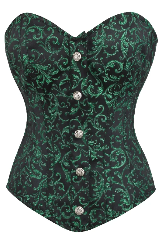 Green and Black Brocade Overbust Corset with Front Zip and Button Detailing