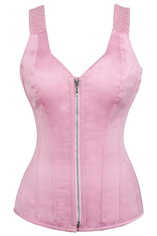 Pink Overbust Corset with Shoulder Straps and Zip