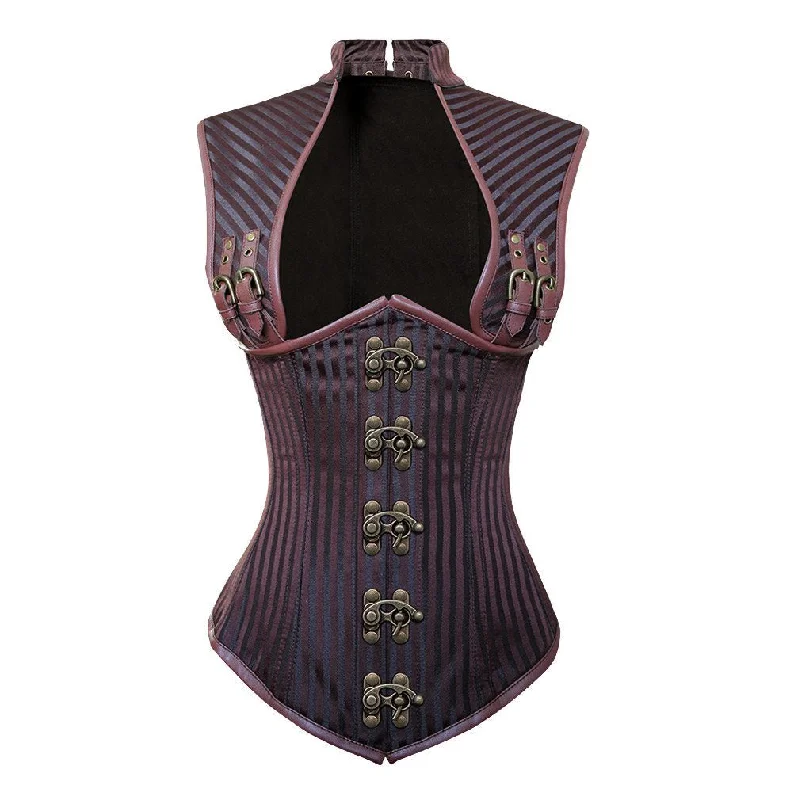 Brown Strip Brocade & Brown Faux Leather Steampunk Underbust Corset