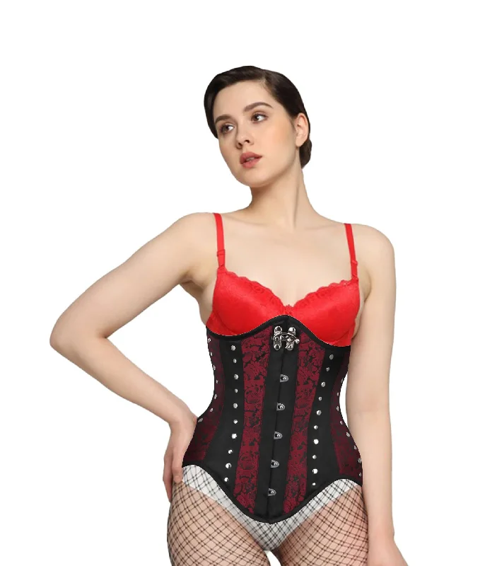 Red Brocade Black Satin Waist Reducing  Underbust Corset