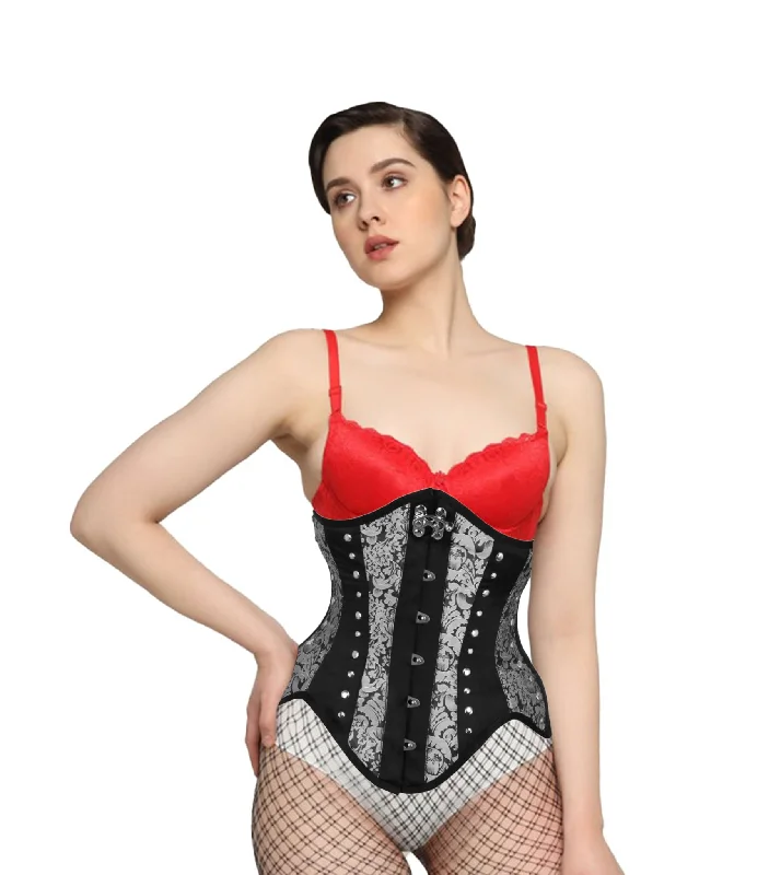 Silver Brocade Black Satin Waist Reducing  Underbust Corset