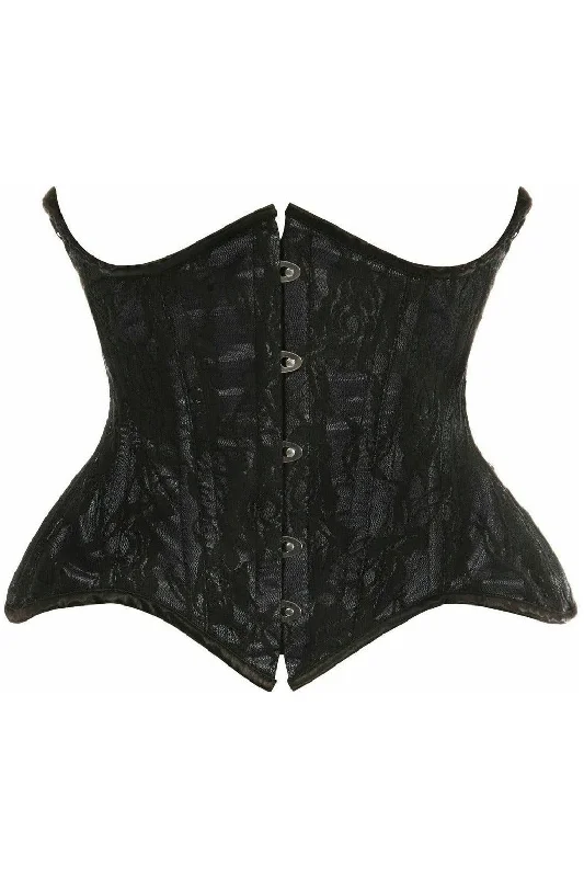 Top Drawer Black w/Black Lace Double Steel Boned Curvy Cut Waist Cincher Corset