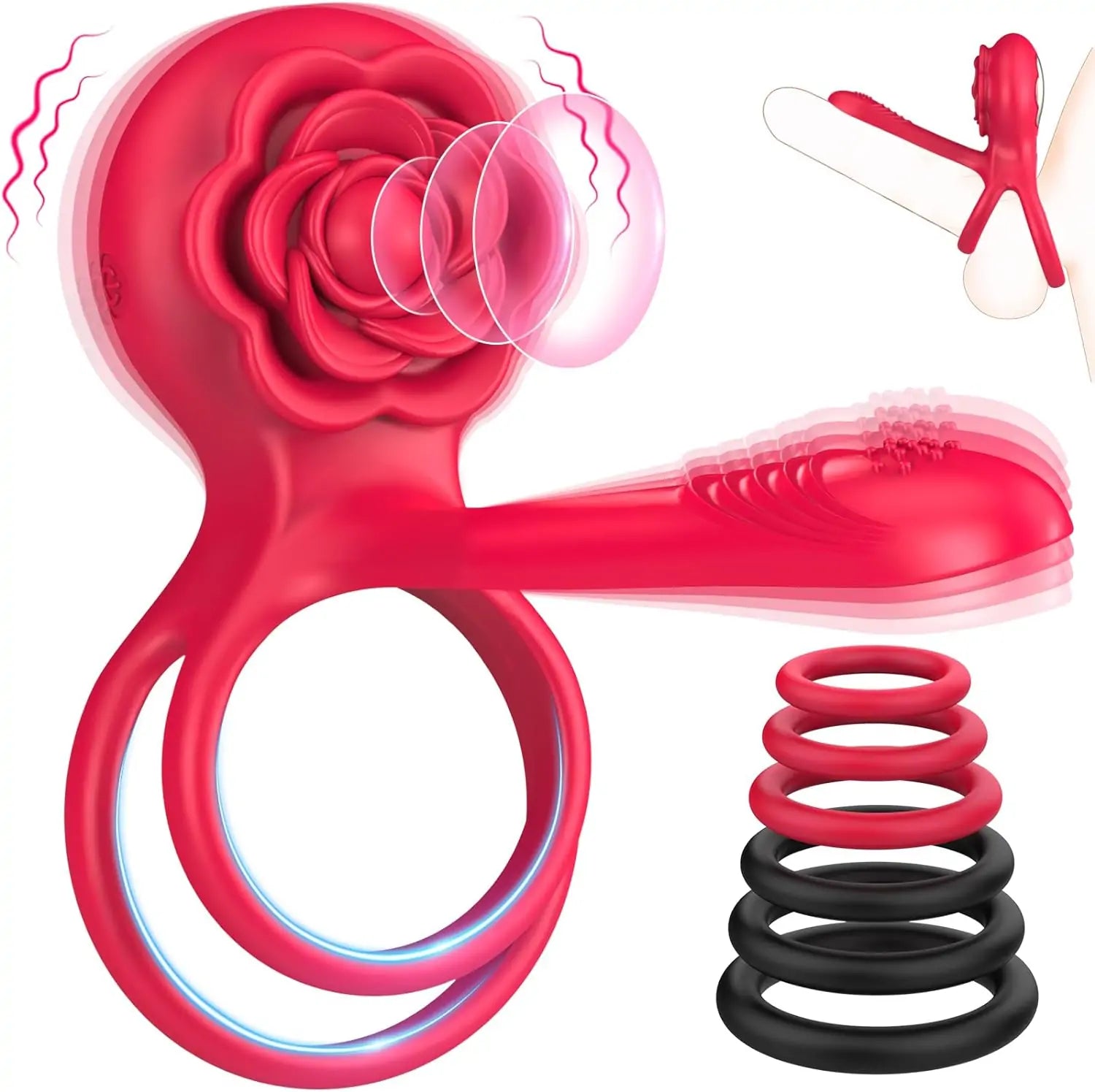 Dual Romance Double Penis Rings Combined with Rose Clitoral Stimulator