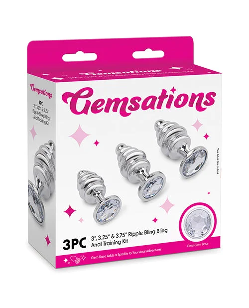 Gemsations 3 pc 2.95" & 3.25" & 3.7" Ripple Bling Bling Metal Butt Plug Training Set - Silver