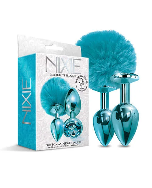 Nixie Metal Butt Plug Set Pom Pom and Jewel Blue Metallic