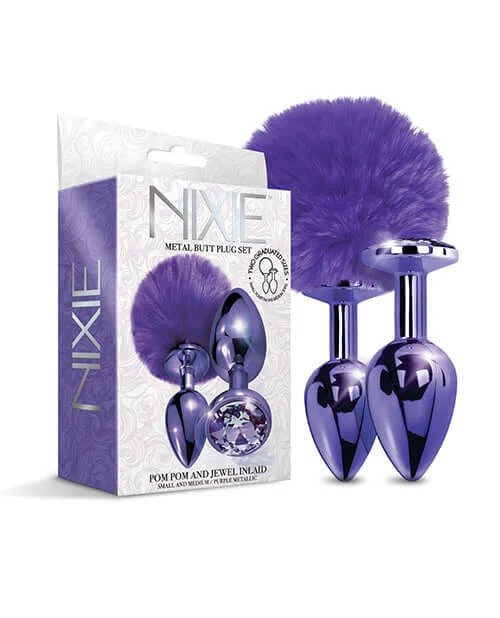 Nixie Metal Butt Plug Set Pom Pom and Jewel Purple Metallic