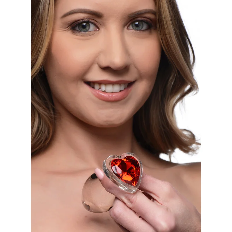 Red Heart Gem Glass Anal Plug - Large