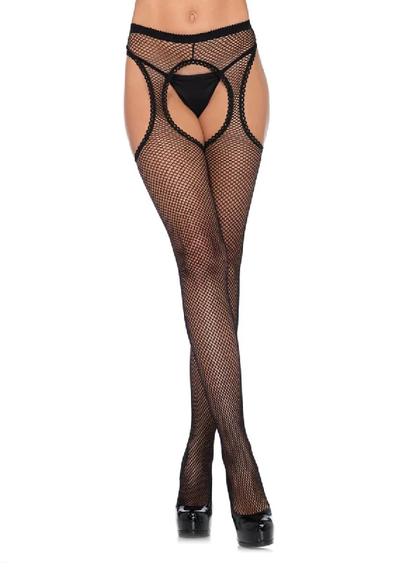 Fishnet Suspender Hose With Scalloped Trim - One Size - Black