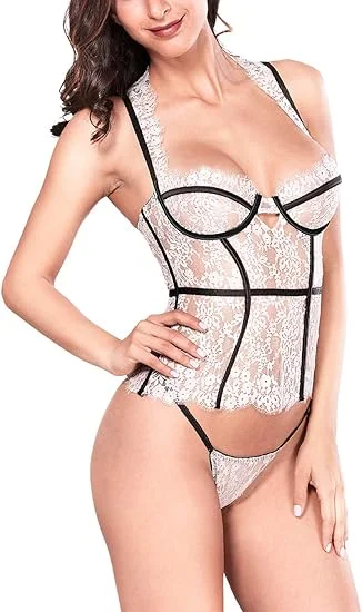 Women Sexy Lingerie Bustier Corset Metallic Print Shining Lace Lingerie Set with Garter Belts